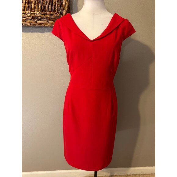 Tahari Levine Dress 12 Red Stretch Sheath Collared Short Sleeve Career Party - Picture 8 of 9